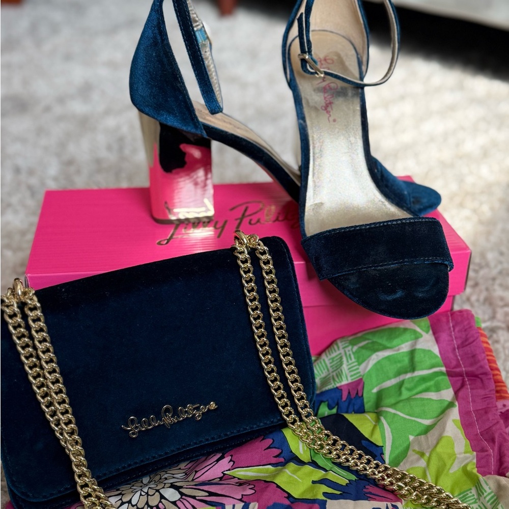 Lilly Pulitzer Teal Velvet Heels and Matching Gold Chain Purse Set
